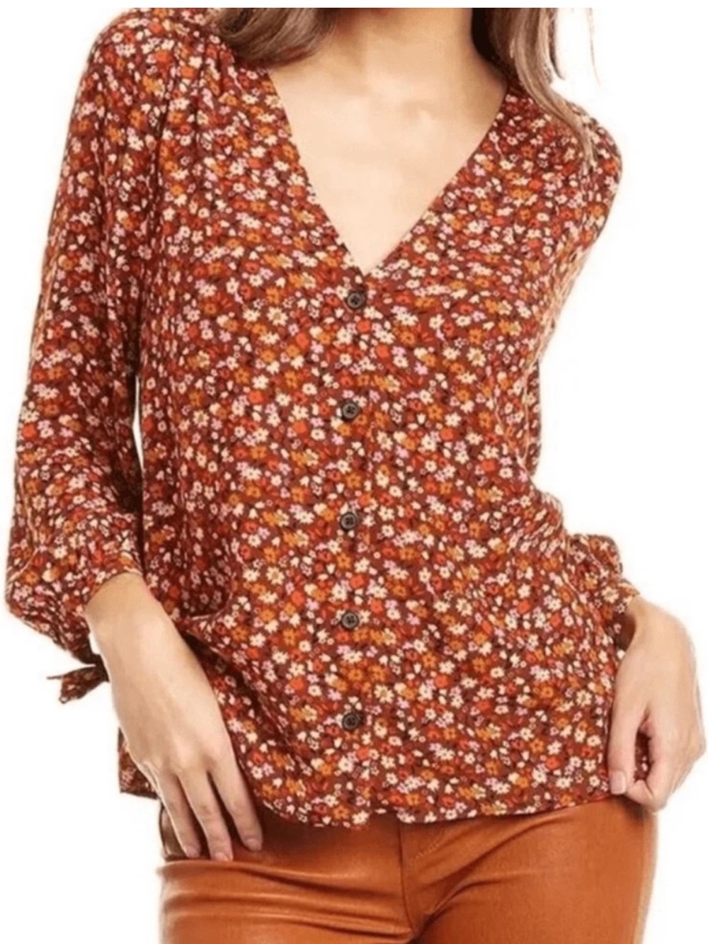 Madewell Spring Prairie tie-sleeve top, rust& burgundy floral print button-front
